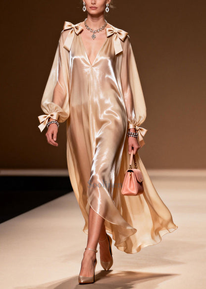 Khaki V Neck Bow Chiffon Party Dress Summer