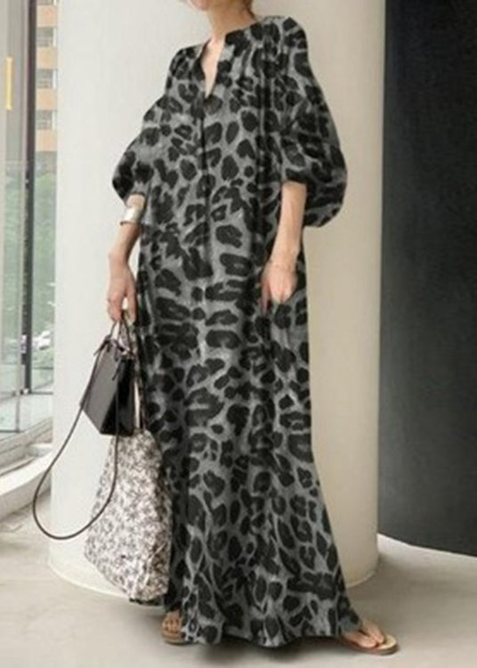 Khaki V Neck Leopard Print Chiffon Maxi Dress Puff Sleeve