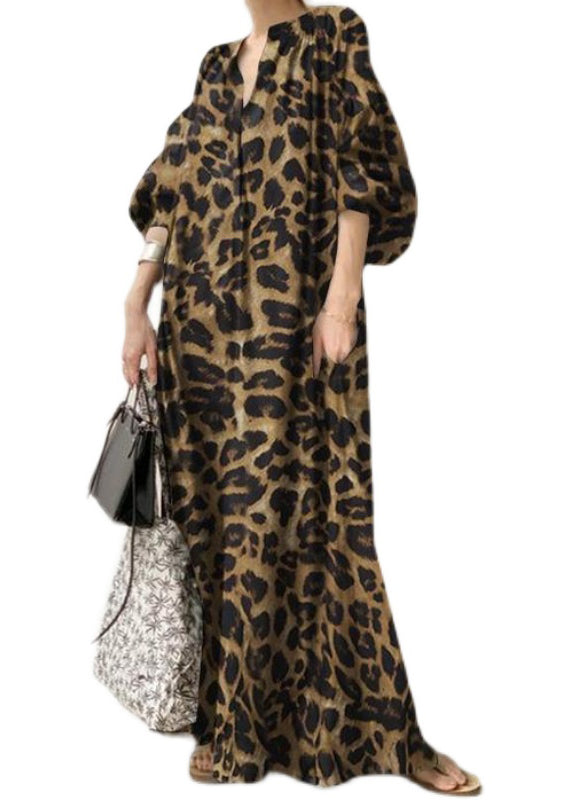 Khaki V Neck Leopard Print Chiffon Maxi Dress Puff Sleeve