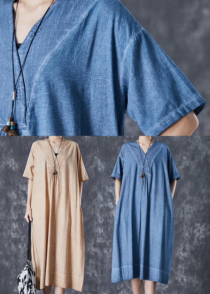 Khaki V Neck Pockets Linen Long Dress Summer