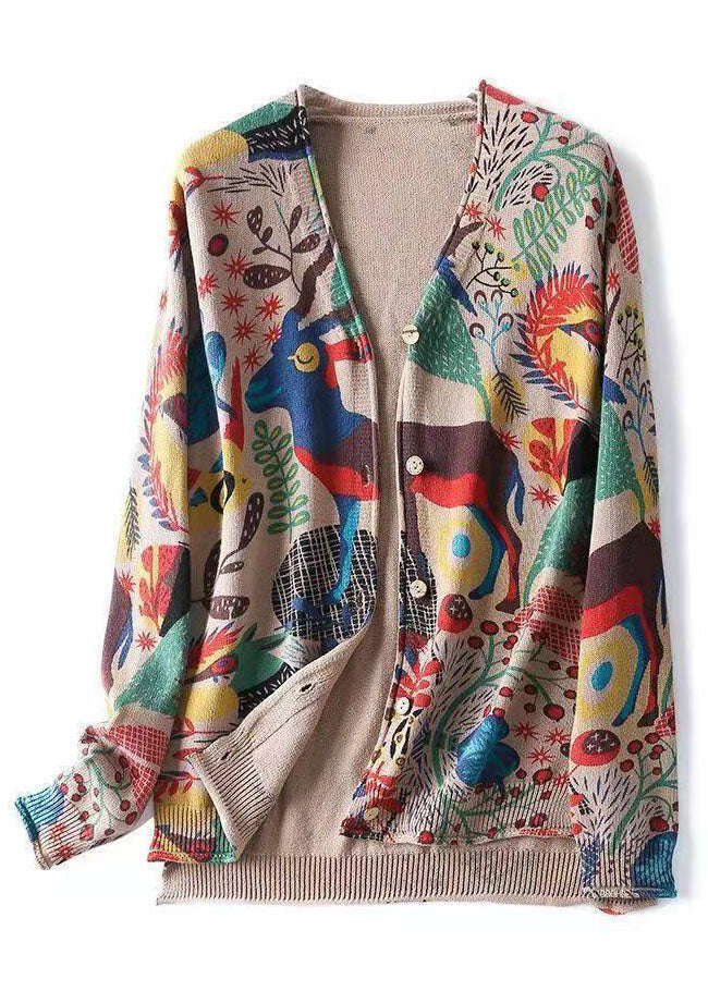 Khaki V Neck Print Button Knit Cardigan Spring