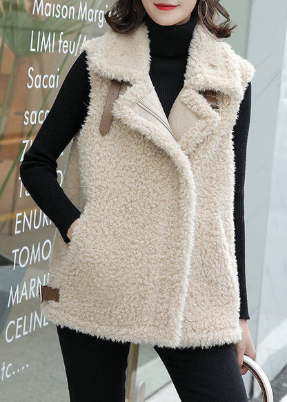 Khaki Zip Up Pockets Faux Fur Winter Vest