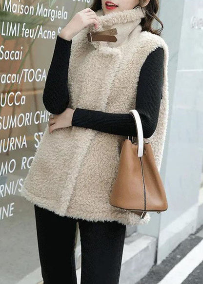 Khaki Zip Up Pockets Faux Fur Winter Vest