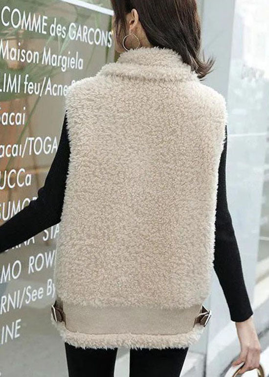 Khaki Zip Up Pockets Faux Fur Winter Vest