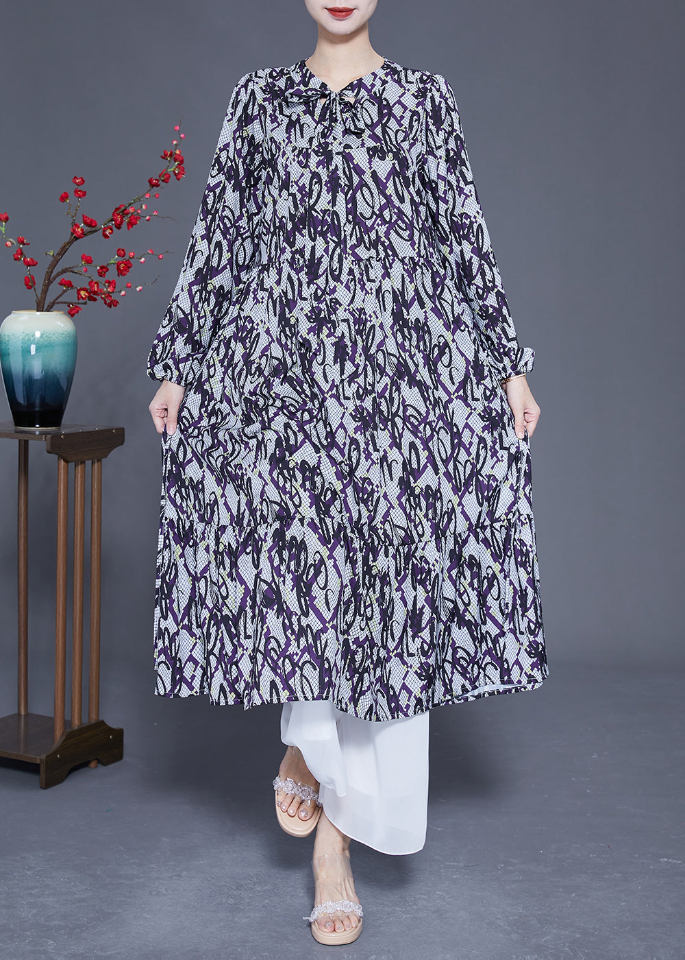 Lace Up Patchwork Print Silk a Line Dress Spring