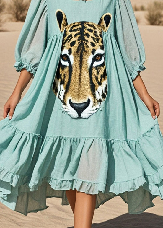 Lake Green Oversized Print Cotton Long Dresses Summer