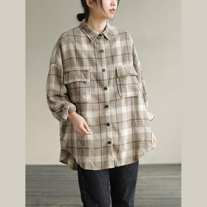 Bohemian Lapel Patchwork Spring Tunic Pattern Design Khaik Plaid Shirt