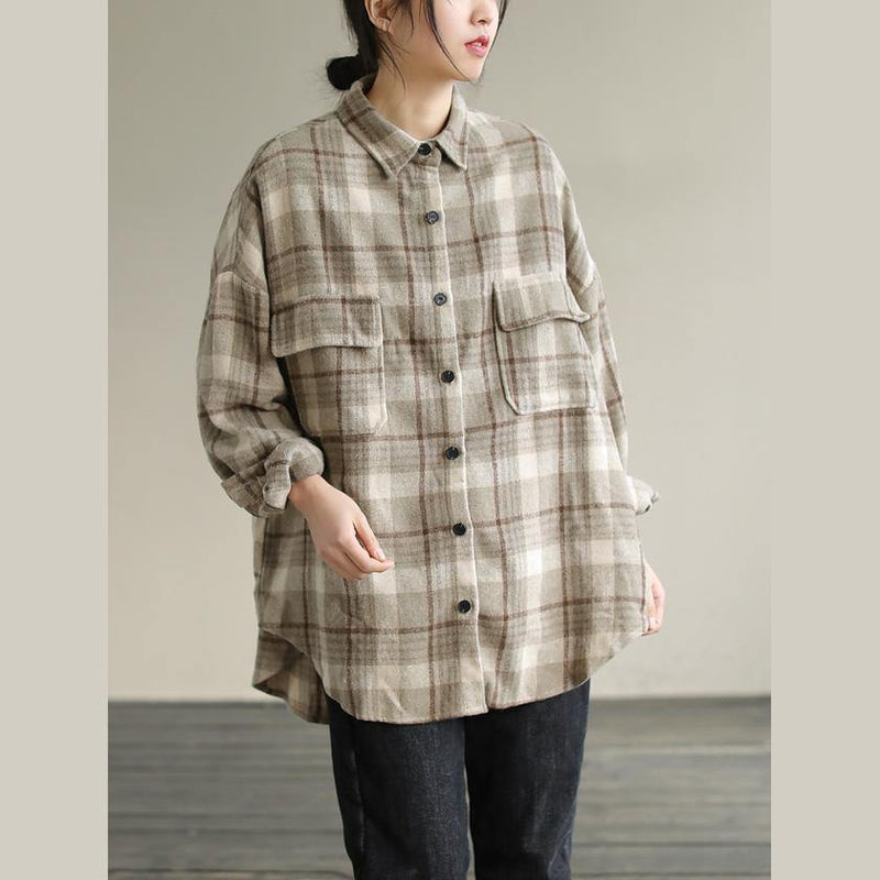 Lapel Patchwork Spring Tunic Pattern Design Khaik Plaid Shirt