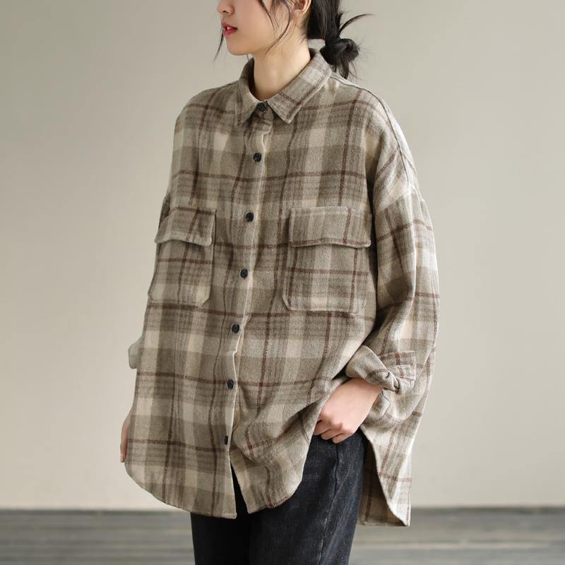 Bohemian Lapel Patchwork Spring Tunic Pattern Design Khaik Plaid Shirt