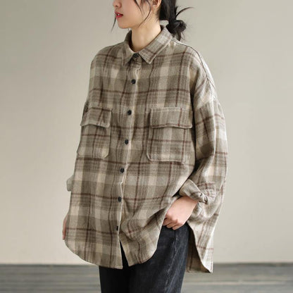Bohemian Lapel Patchwork Spring Tunic Pattern Design Khaik Plaid Shirt