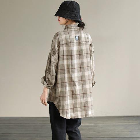Bohemian Lapel Patchwork Spring Tunic Pattern Design Khaik Plaid Shirt