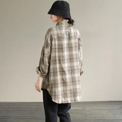 Bohemian Lapel Patchwork Spring Tunic Pattern Design Khaik Plaid Shirt