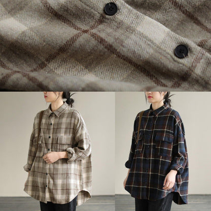 Bohemian Lapel Patchwork Spring Tunic Pattern Design Khaik Plaid Shirt