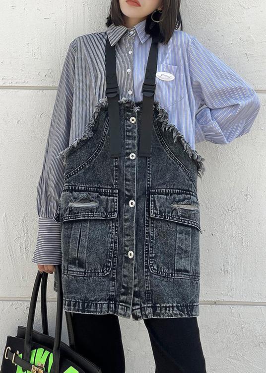 Lapel Spring Tunic Top Work Striped Patchwork Blouse