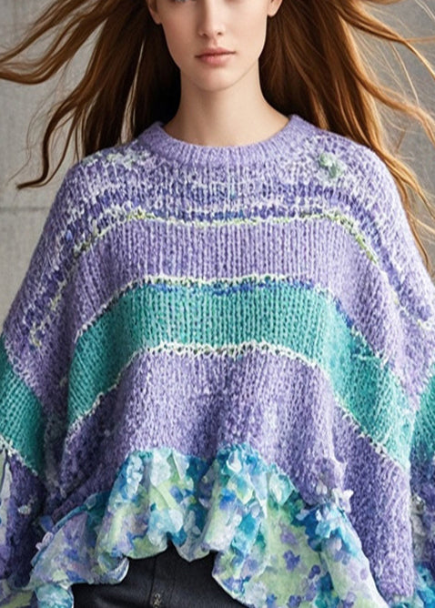 Lavender Oversized Patchwork Print Knit Sweaters Batwing Sleeve