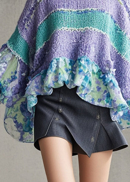 Lavender Oversized Patchwork Print Knit Sweaters Batwing Sleeve