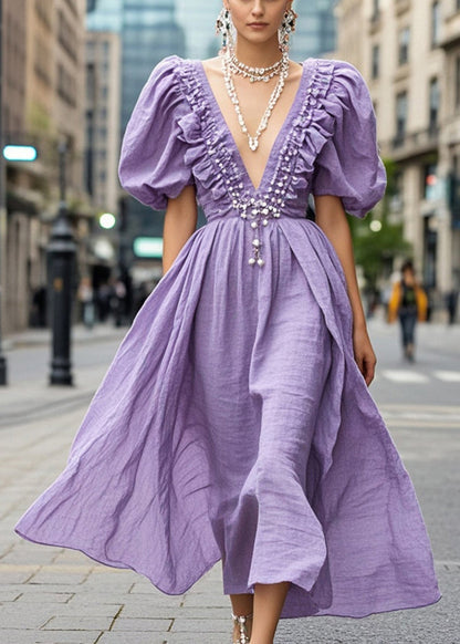 Lavender Ruffled Nail Bead Cotton Dress Puff Sleeve