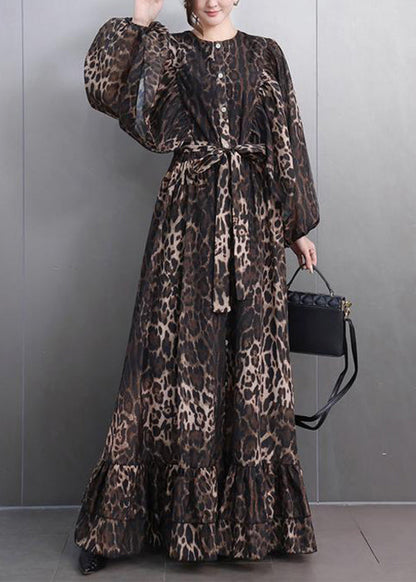 Leopard Button Tie Waist Maxi Dresses Fall