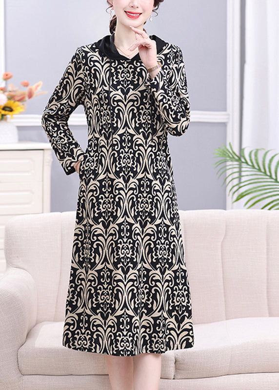 Leopard Peter Pan Collar Print Drawstring Hooded Long Dress Long Sleeve