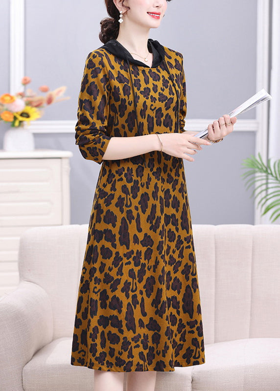 Leopard Peter Pan Collar Print Drawstring Hooded Long Dress Long Sleeve