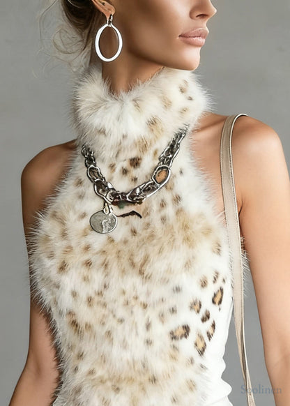Leopard Turtleneck Fluffy Patchwork Tank Sleeveless