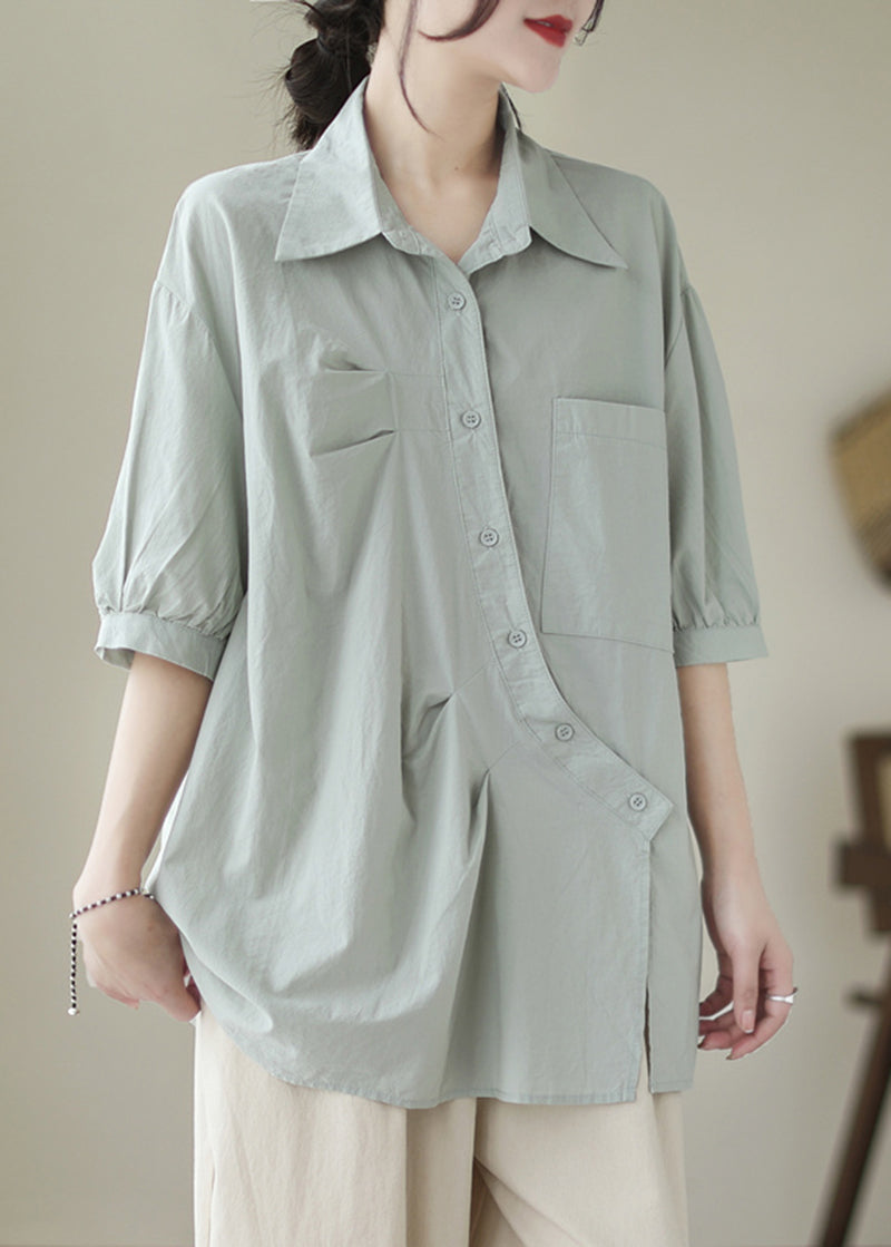Light Blue Asymmetrical Wrinkled Cotton Blouses Half Sleeve