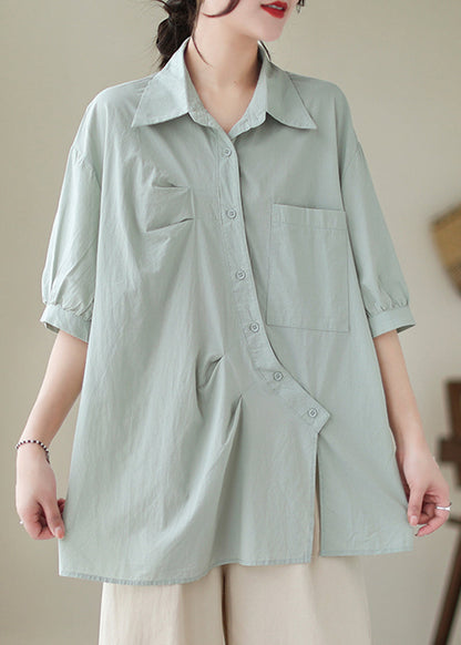 Light Blue Asymmetrical Wrinkled Cotton Blouses Half Sleeve