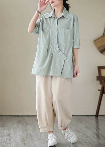 Light Blue Asymmetrical Wrinkled Cotton Blouses Half Sleeve