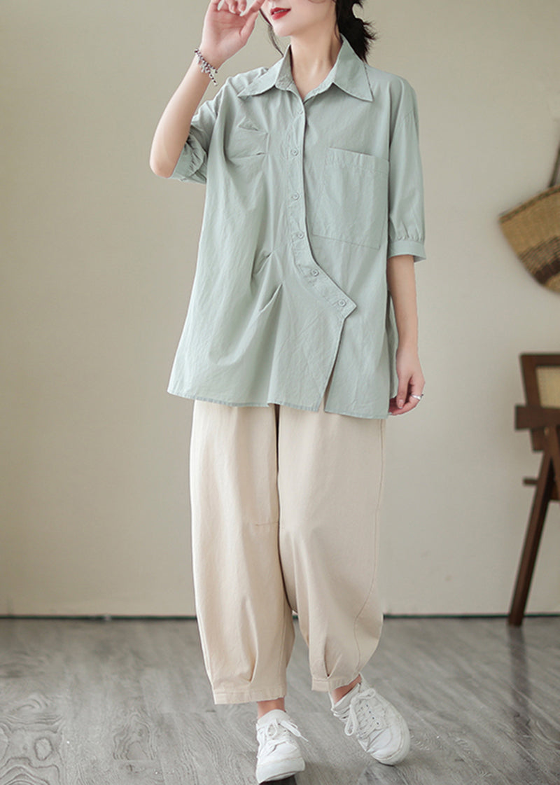 Light Blue Asymmetrical Wrinkled Cotton Blouses Half Sleeve