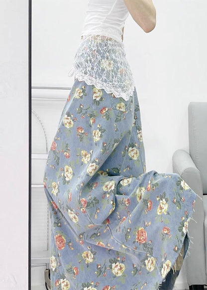 Light Blue Flower Print Denim a Line Skirts Fall