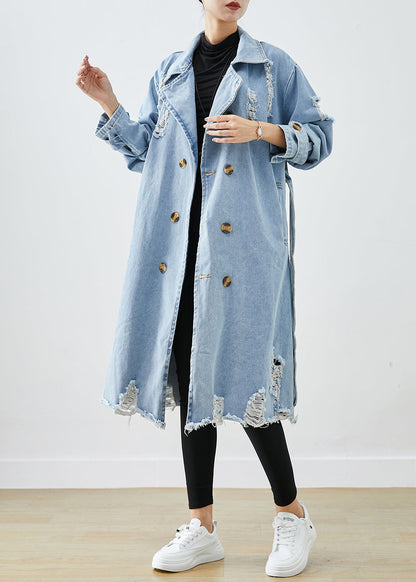 Light Blue Lapel Double Breast Denim Ripped Coats Fall