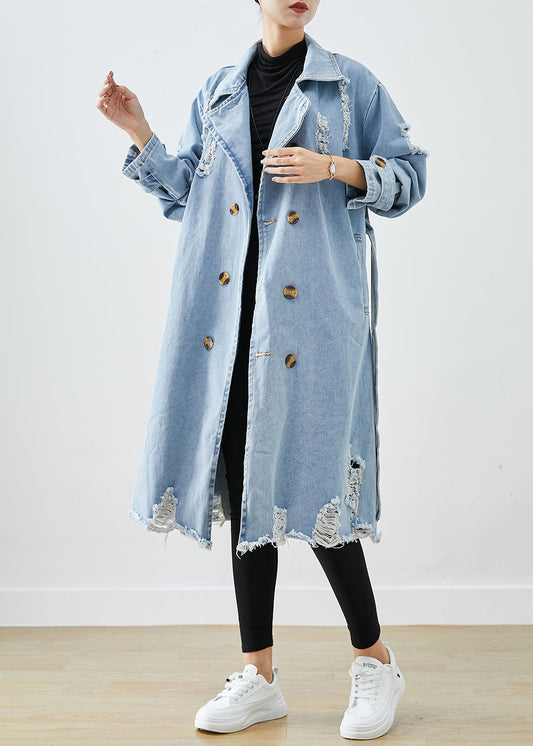 Light Blue Lapel Double Breast Denim Ripped Coats Fall