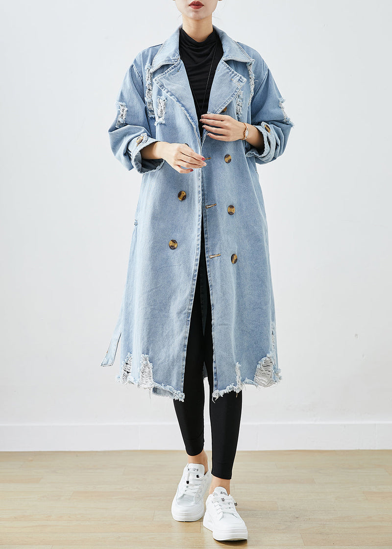 Light Blue Lapel Double Breast Denim Ripped Coats Fall