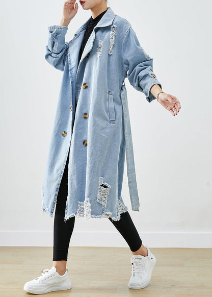 Light Blue Lapel Double Breast Denim Ripped Coats Fall