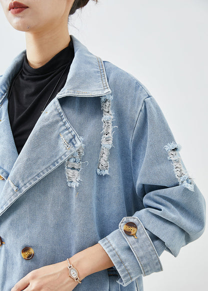 Light Blue Lapel Double Breast Denim Ripped Coats Fall