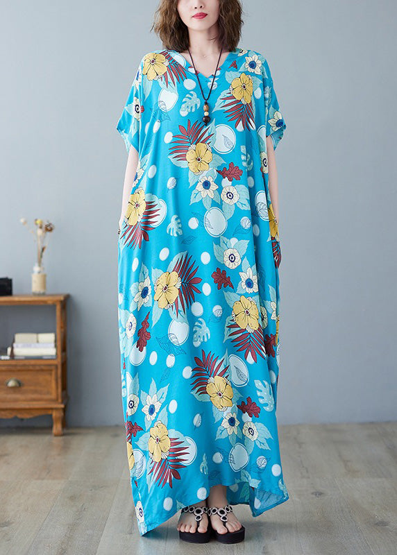 Light Blue O-neck Print Cotton Maxi Dresses Summer