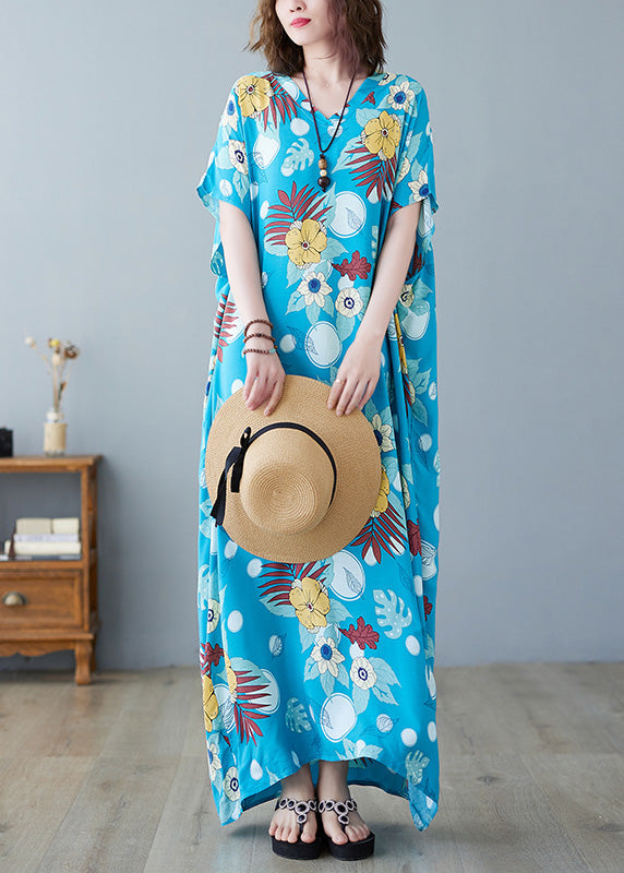 Light Blue O-neck Print Cotton Maxi Dresses Summer