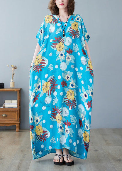 Light Blue O-neck Print Cotton Maxi Dresses Summer