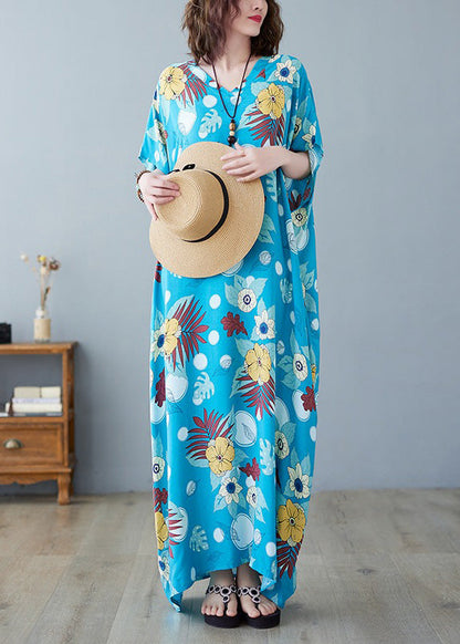 Light Blue O-neck Print Cotton Maxi Dresses Summer