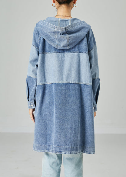 Light Blue Oversized Patchwork Cotton Denim Coat Spring