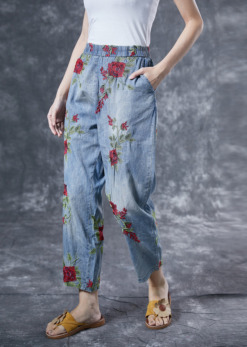 Light Blue Rose Embroideried Pockets Cotton Harem Pants Summer