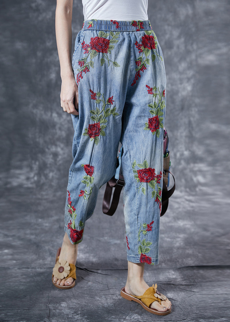 Light Blue Rose Embroideried Pockets Cotton Harem Pants Summer