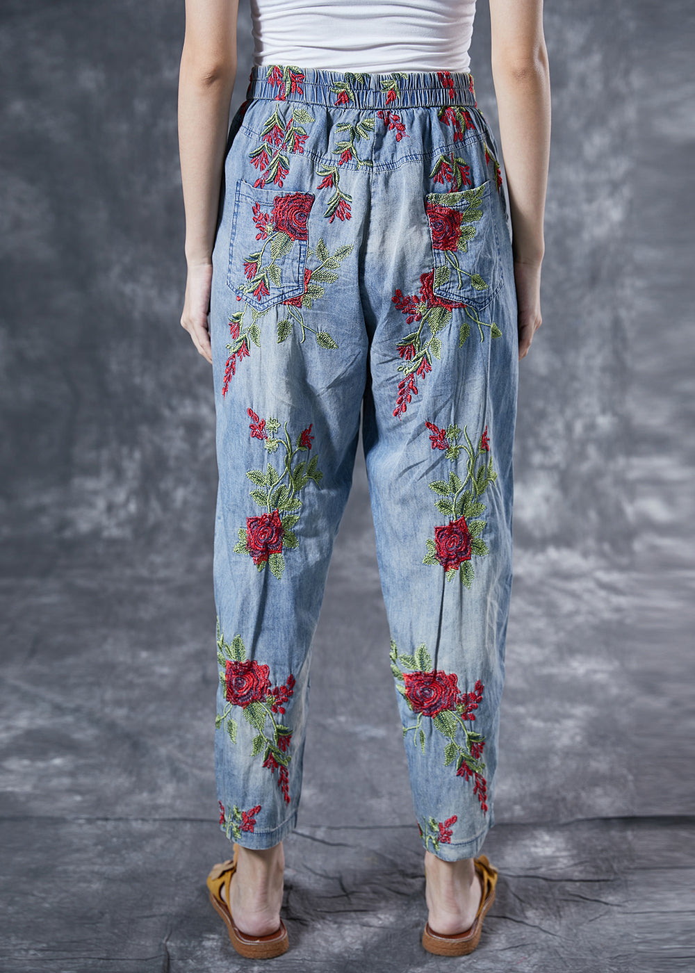 Light Blue Rose Embroideried Pockets Cotton Harem Pants Summer