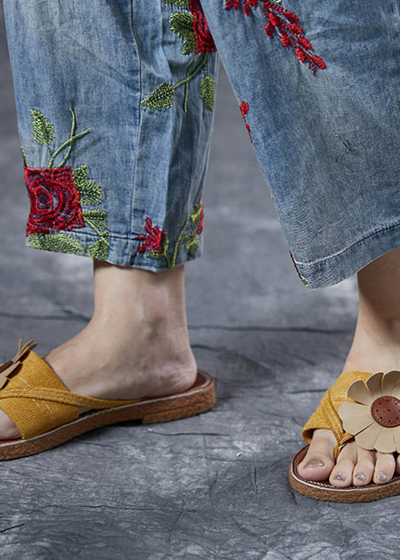 Light Blue Rose Embroideried Pockets Cotton Harem Pants Summer