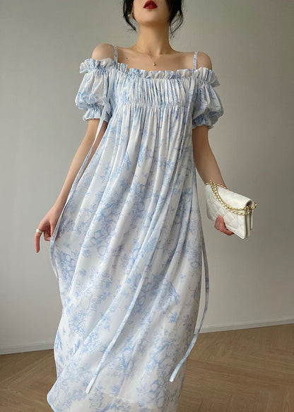Light Blue Ruffled Wrinkled Print Chiffon Spaghetti Strap Dresses Sleeveless