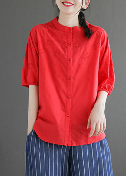 Light Blue Stand Collar Embroideried Button Cotton Shirt Half Sleeve