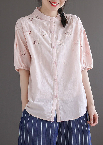 Light Blue Stand Collar Embroideried Button Cotton Shirt Half Sleeve