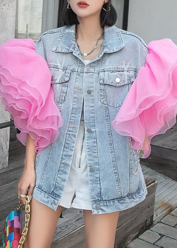 Light Blue Tulle Ruffled Patchwork Denim Top Summer