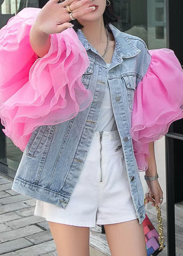 Light Blue Tulle Ruffled Patchwork Denim Top Summer
