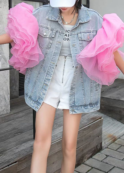 Light Blue Tulle Ruffled Patchwork Denim Top Summer